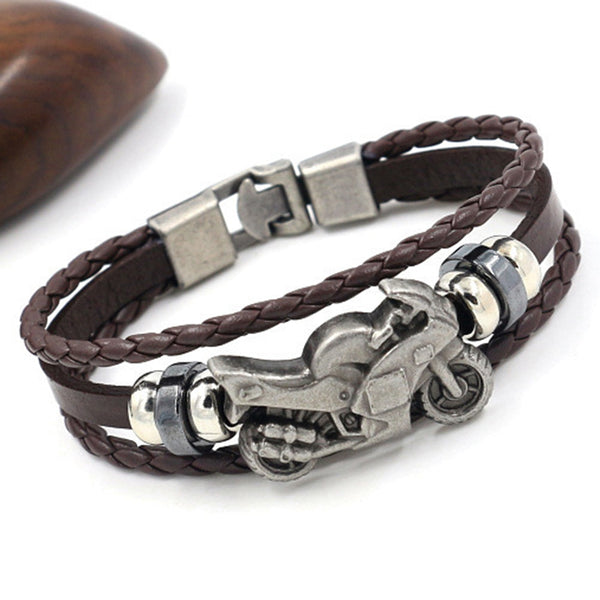 Pulsera de cuero vintage para hombre, pulsera trenzada multicapa con diseño de motocicleta