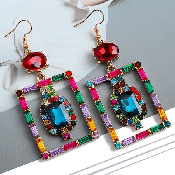 Pendientes colgantes cuadrados bohemios de cristal colorido y metal de moda