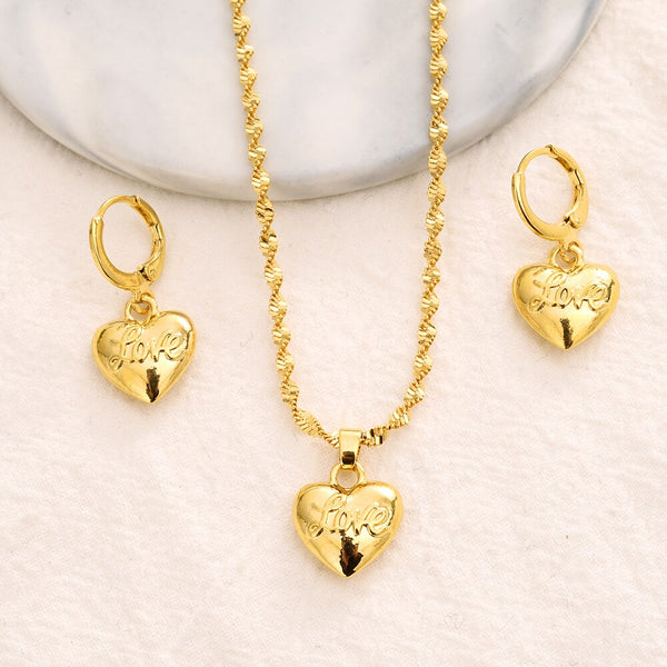 24k gold Necklace Earring Set Women Party Gift Dubai love heart Jewelry Sets
