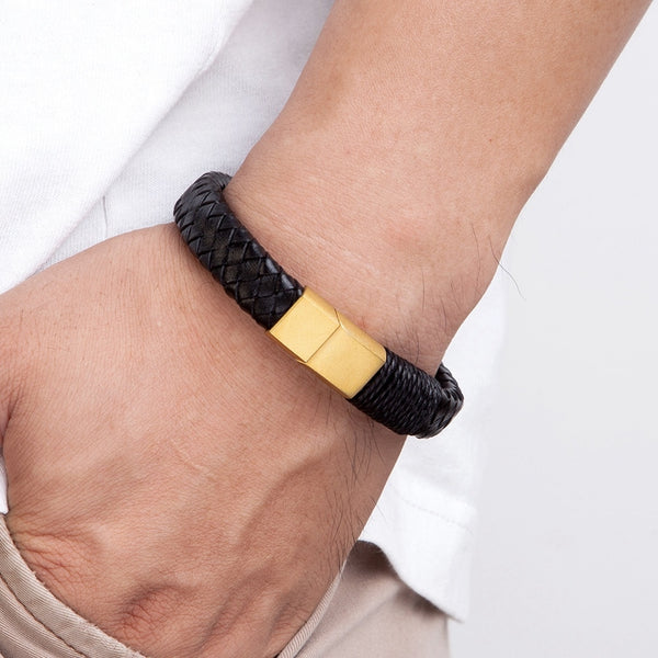 Pulsera de cuero de acero inoxidable para hombre hecha a mano con cuerda enrollada