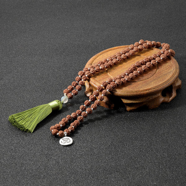 Collar anudado de 108 cuentas Mala, rosario de Rudraksha natural con borlas, bendición de meditación y yoga, para hombres y mujeres