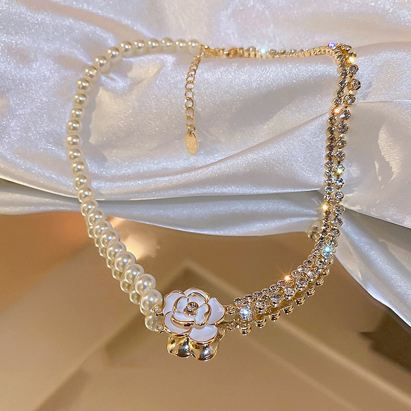 White Flower Crystal Choker Necklaces for Women Pearl Chain Rhinestone Necklaces