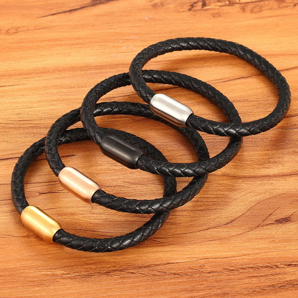 Pulsera de cuero de acero inoxidable para hombre, estilo simple y moderno
