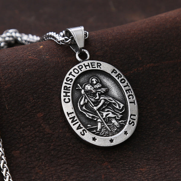 Collar vintage de acero inoxidable con la cruz de San Cristóbal para hombre