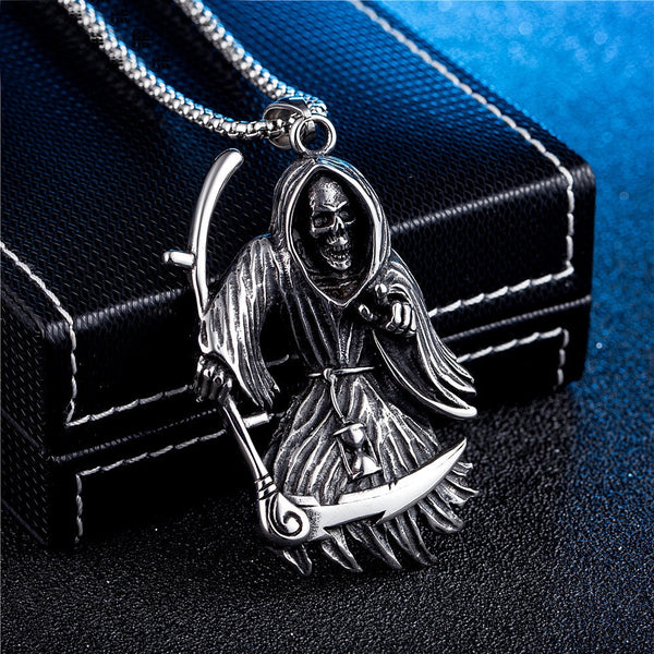 Collar con colgante de calavera y guadaña de la muerte gótica de acero inoxidable estilo punk para motociclistas y hombres.
