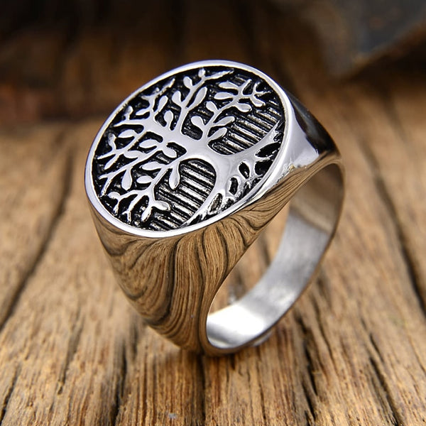 Anillo de sello clásico de árbol de la vida, de acero inoxidable, color dorado y plateado, para hombre.