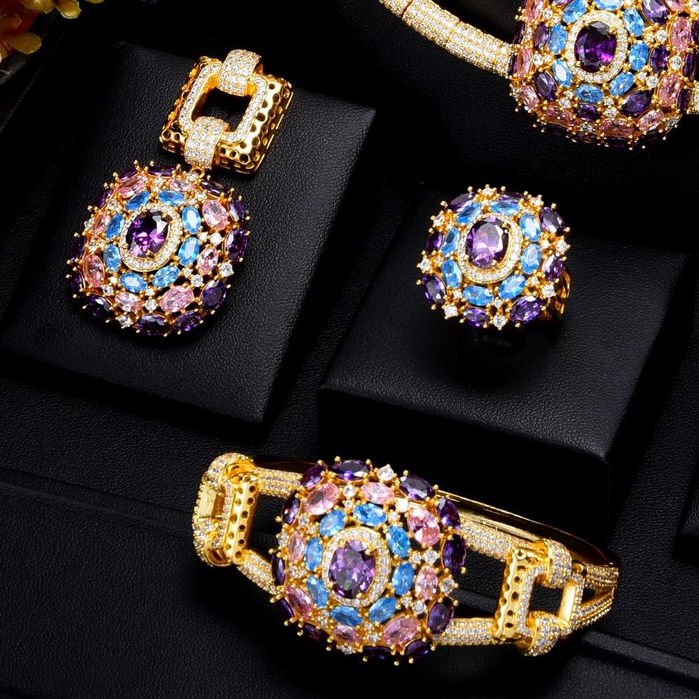 4PCS Nigerian  Cubic Zircon Dubai Bridal Necklace Earring Bangle Ring Set