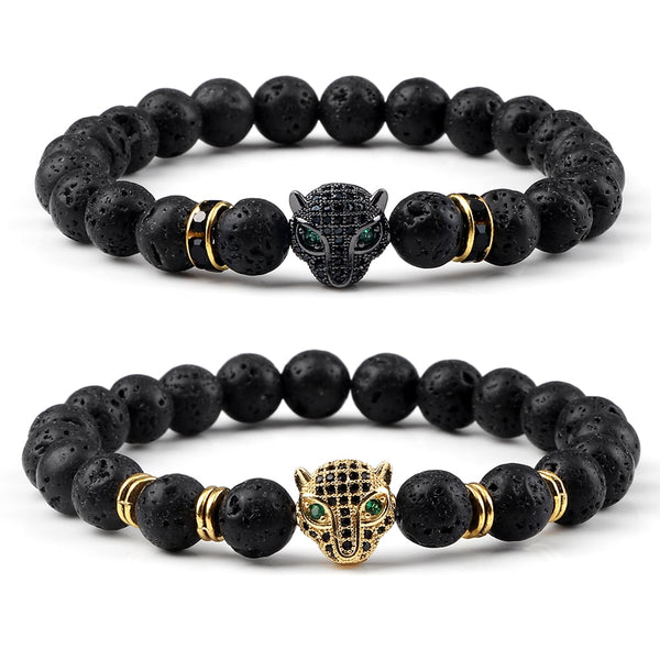 Pulseras clásicas de cuentas curativas de Reiki con lava negra para hombre, brazaletes de oración con cabeza de Buda y leopardo.