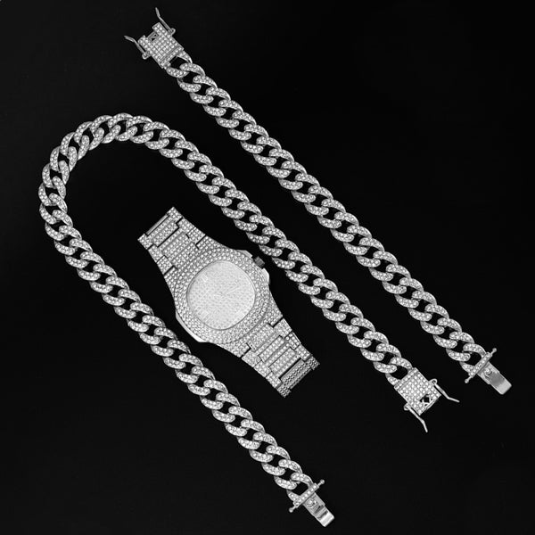 Necklace +Watch+Bracelet Hip Hop Miami Curb Cuban Chain For Men