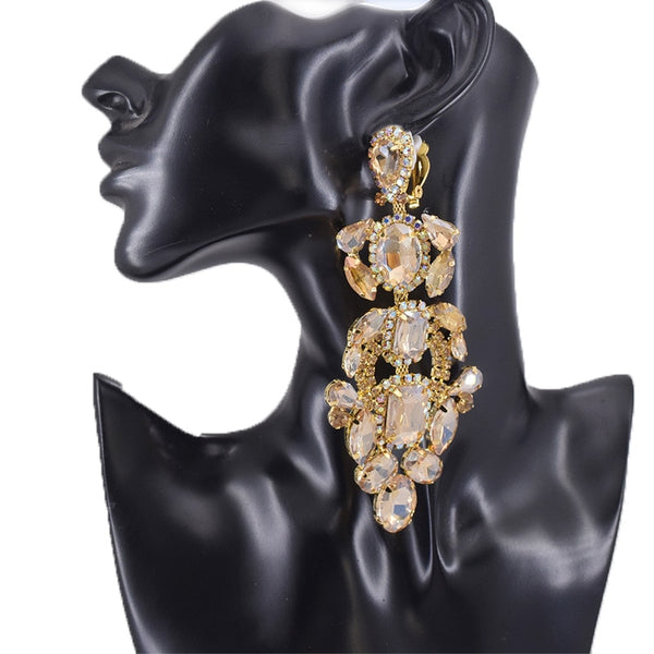 Luxury big size 12cm long Clip-On drop rhinestone earrings