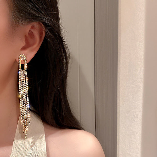 Pendientes largos con borlas de cristal y diamantes de imitación para mujer