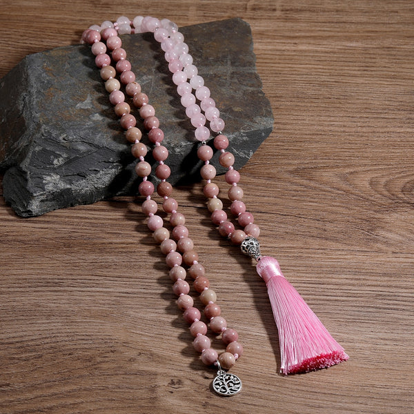 Collar de 108 cuentas de mala de rodonita y cuarzo rosa