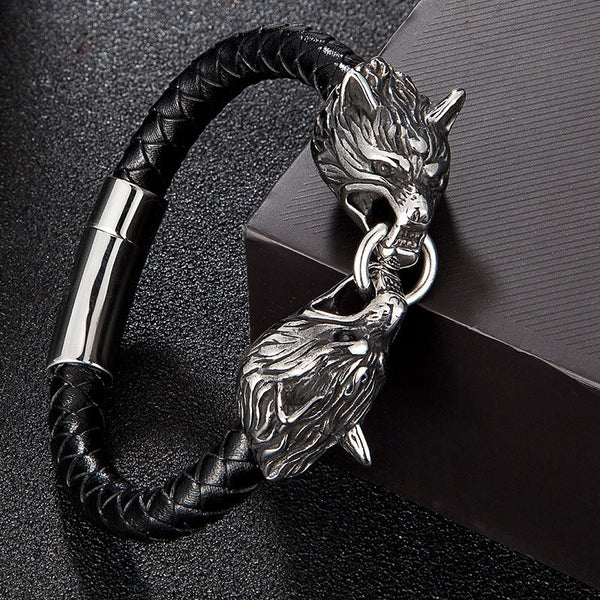 Pulsera de acero inoxidable con cabeza de lobo, estilo punk rock, de cuero negro, para hombre
