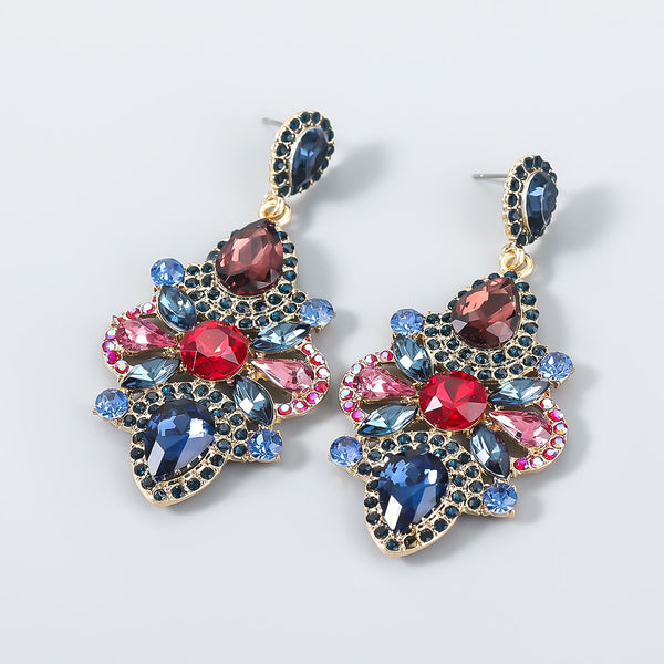 Pendientes geométricos de flores y diamantes de imitación de metal para mujer