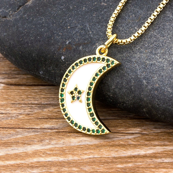 NEW Fashion Cute Moon Pendant Necklace Top Quality Copper Zircon Long Chain Pendant For Women