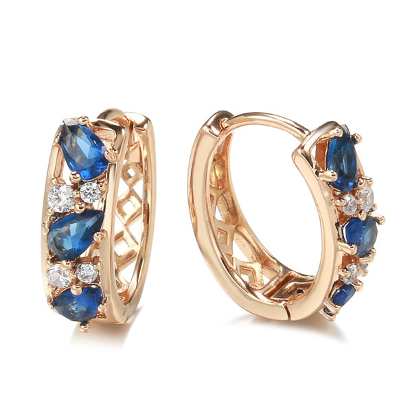 Nuevos pendientes de aro con circonita azul en forma de gota de oro 585 para mujer
