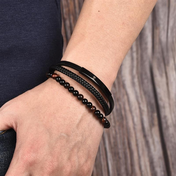 Pulsera multicapa de cuentas de piedra volcánica natural para hombre