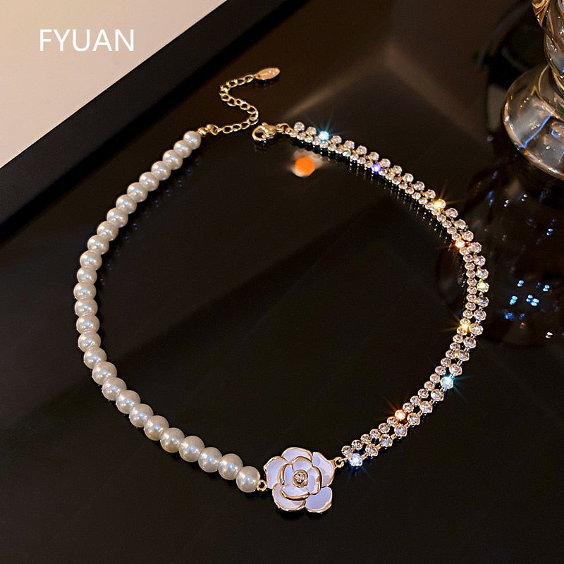 White Flower Crystal Choker Necklaces for Women Pearl Chain Rhinestone Necklaces