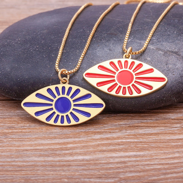 Shield Shape Evil Eye Multicolor Sunflower Enamel Chain Necklace