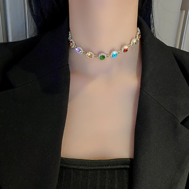 Geometric Colorful Crystal Choker Necklaces for Women Clavicle Chain Necklaces