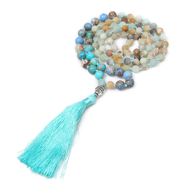 Frosted Amazonite &amp; Emperor Stone 108 Mala Beads Knotted Necklace Men Women