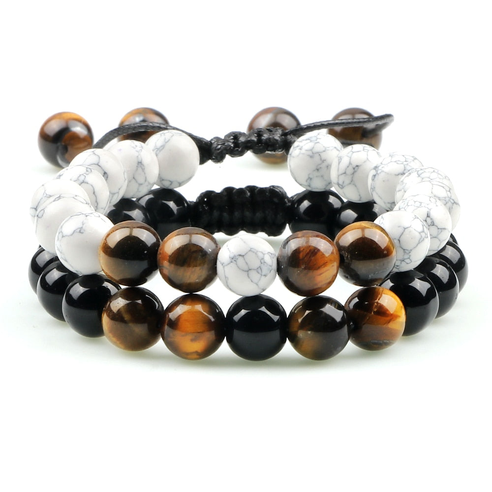 2Pcs Adjustable Braided Natural Stone Beads Bracelets Bangles For Couples Women Men