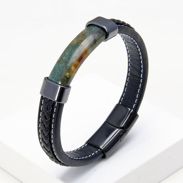 Pulsera de cuero trenzado negro de lujo con piedra natural para hombre