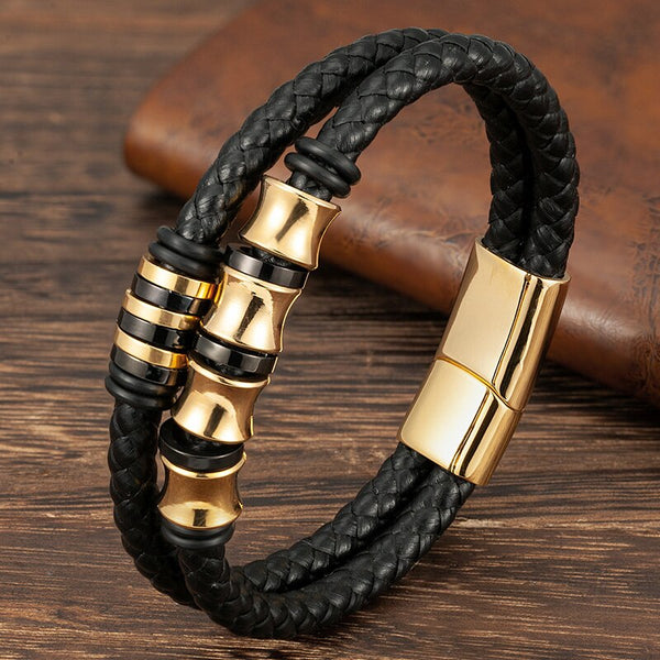 Pulsera de cuero para hombre dorada Pulsera de cuero para hombre de acero inoxidable