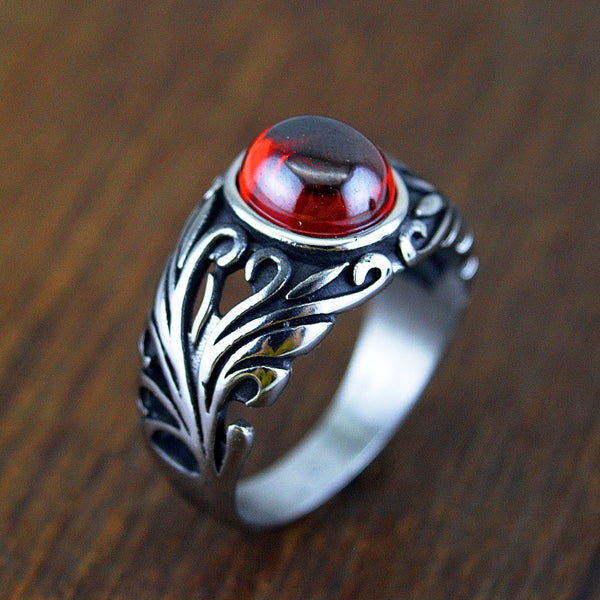 Anillo de piedra roja natural con granate rojo de moda punk para hombres y mujeres