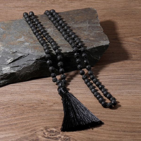 Collar Mala Saludable con Cuentas de Japamala de Piedra de Lava Negra de 108 mm