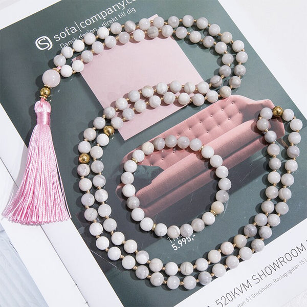 8mm Natural White Crazy Agate Beaded Knotted Necklace Meditation Yoga Healing Jewelry Bracelet