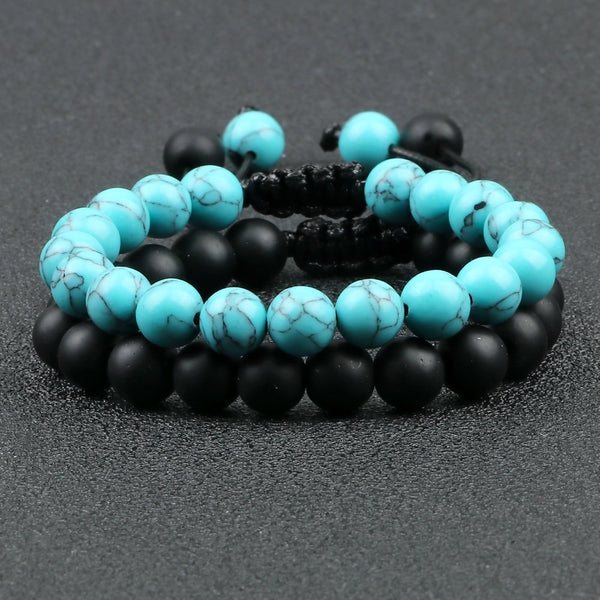 Pulsera de cuentas de distancia para parejas, piedra de lava mate natural, negra y blanca, para yoga