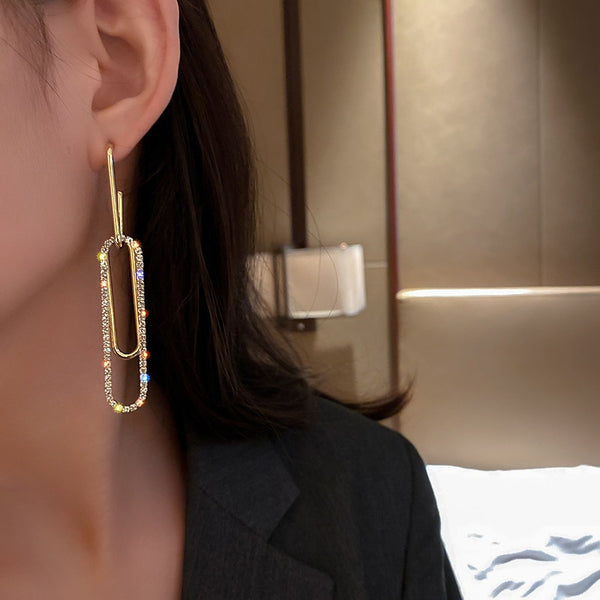 Pendientes largos con forma de rectángulo dorado y cristales para mujer, bisutería, pendientes geométricos con diamantes de imitación.
