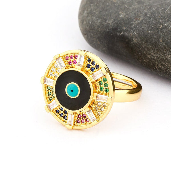 Nuevos anillos de moda con diseño de ojo malvado en colores rojo, negro y blanco.