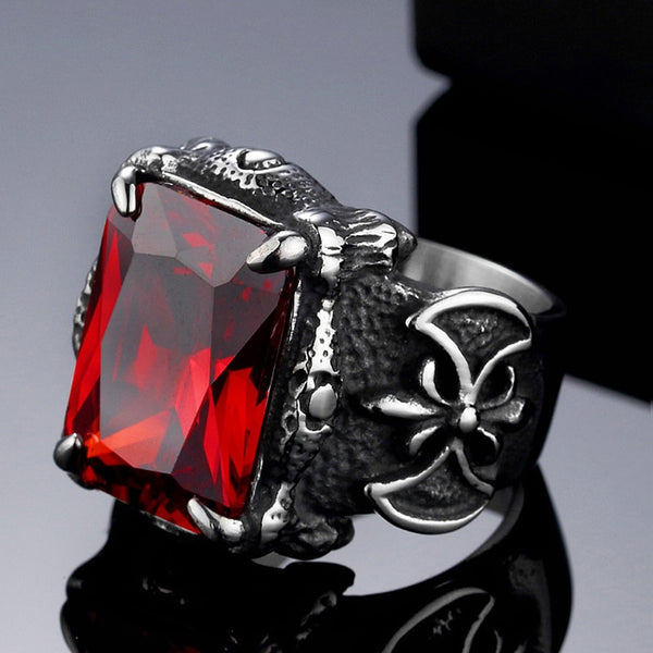 Anillo clásico de garra de dragón con circonita azul, negra, verde y roja para hombre