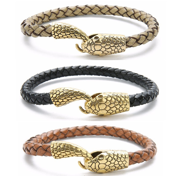 Pulseras de cuero vintage de serpiente dorada color plata con cierre fácil de gancho