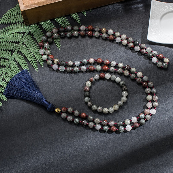 8mm African Bloodstone Beaded Knotted Mala Necklace Meditation Yoga Spirit Jewelry Set