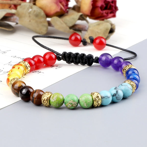 Pulsera de cuentas curativas de 7 chakras con piedra de ojo de tigre natural, pulseras elásticas para yoga.