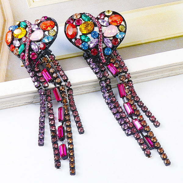 Nuevos pendientes largos con borlas y diamantes de imitación de colores, pendientes colgantes con forma de corazón y cristales.
