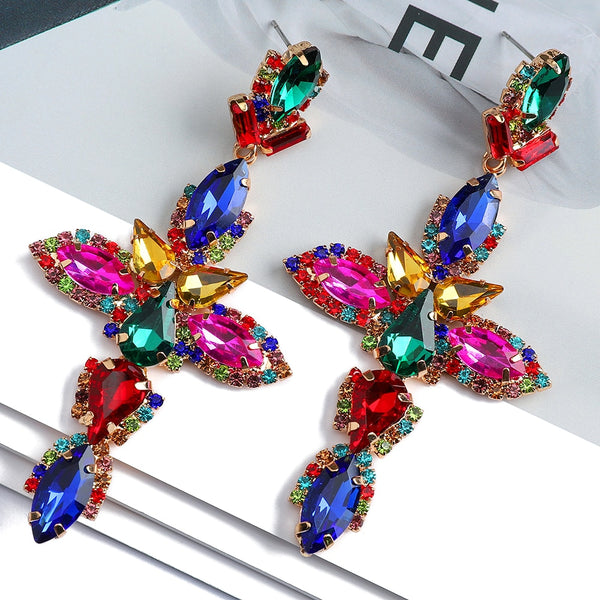 Pendientes colgantes grandes de lujo estilo bohemio vintage con forma de cruz geométrica y cristales brillantes para mujer
