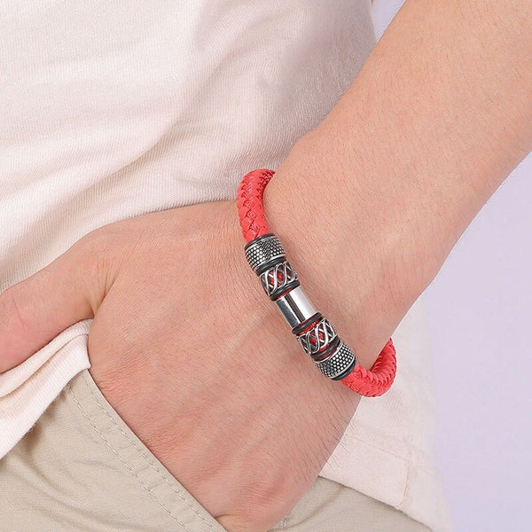 Punk Red Genuine Leather Bracelet for Men Stainless Steel Vintage Braided Leather Bangles