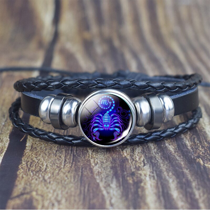 12 Zodiac Signs Glass Dome Leather Bracelet