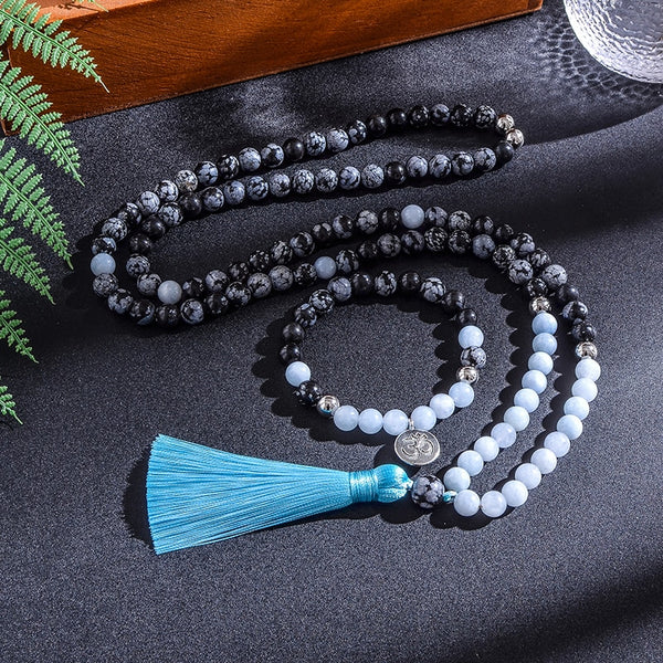 Cuentas de piedra natural de 8 mm, obsidiana copo de nieve, aguamarina y conjuntos de japamala.