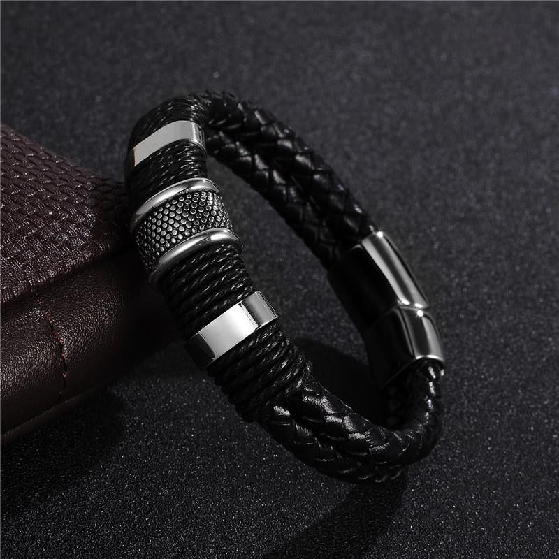 Fashion Braided Leather Bracelet Men Stainless Steel Magnetic Clasp