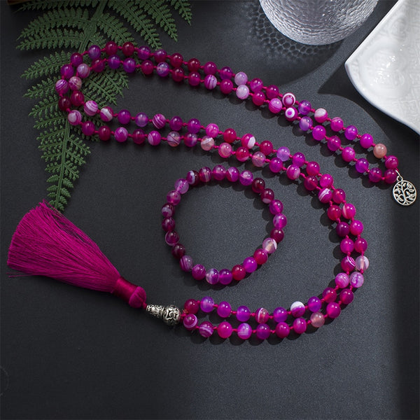 Collar Mala de ágata rayada roja rosa de 8 mm con cuentas de japamala 108