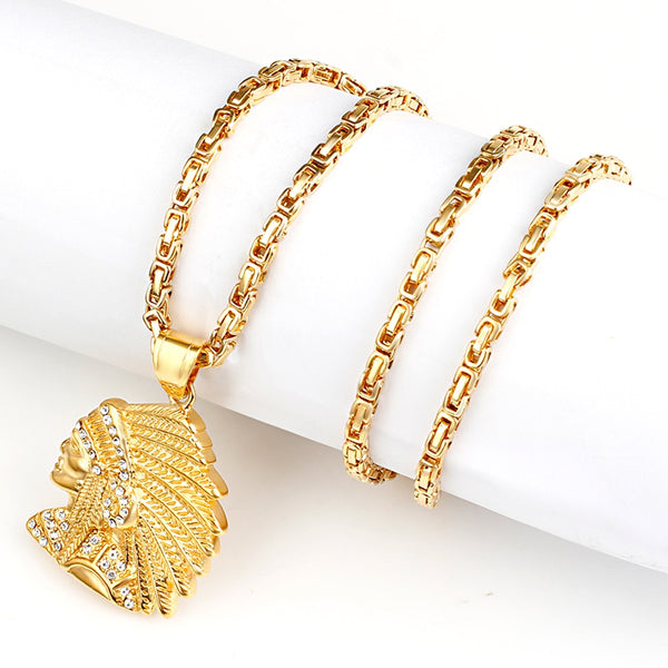 Nuevo collar con colgante de cabeza india dorada de acero inoxidable 316L para mujeres y hombres