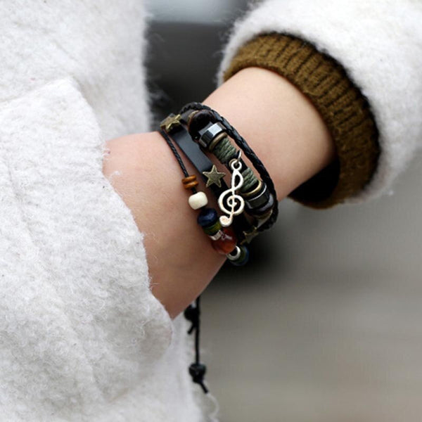 Pulsera de cuero multicapa estilo punk vintage para mujer