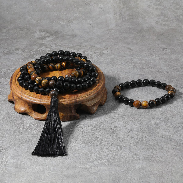 8mm Yellow Tigers Eye Black Onyx Japamala Set