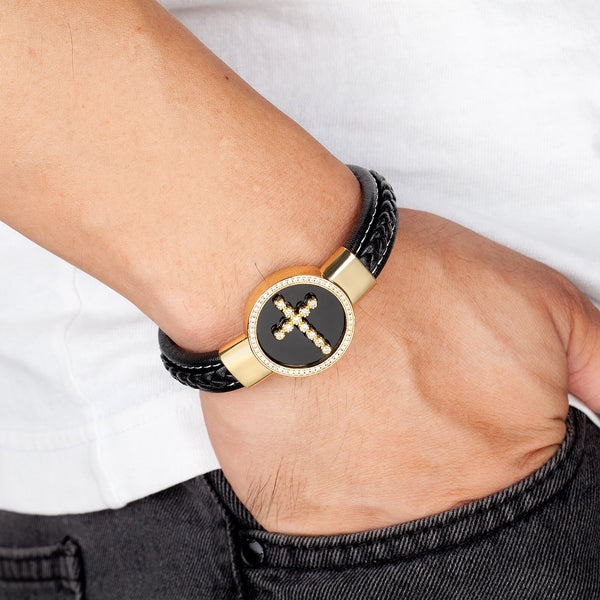 Pulsera moderna de cuero negro con circonita cúbica y dije de Jesús para hombre, con piedra natural redonda.