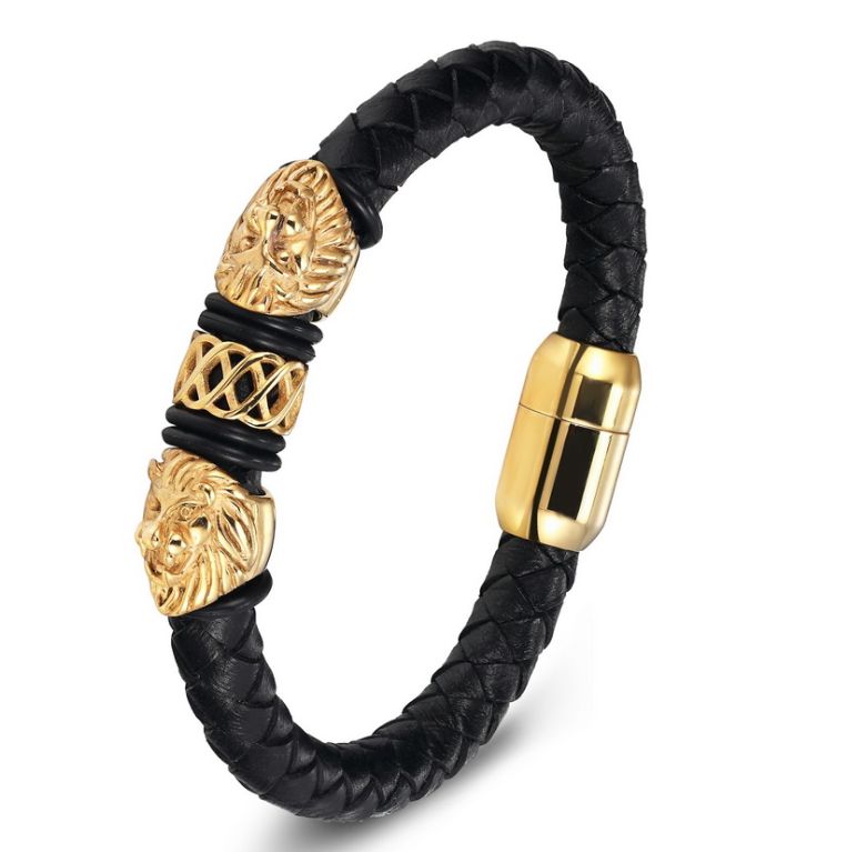 Classic Punk High Quality Metal Cool Gold Color Lion Magnetic Buckle Leather Bracelet